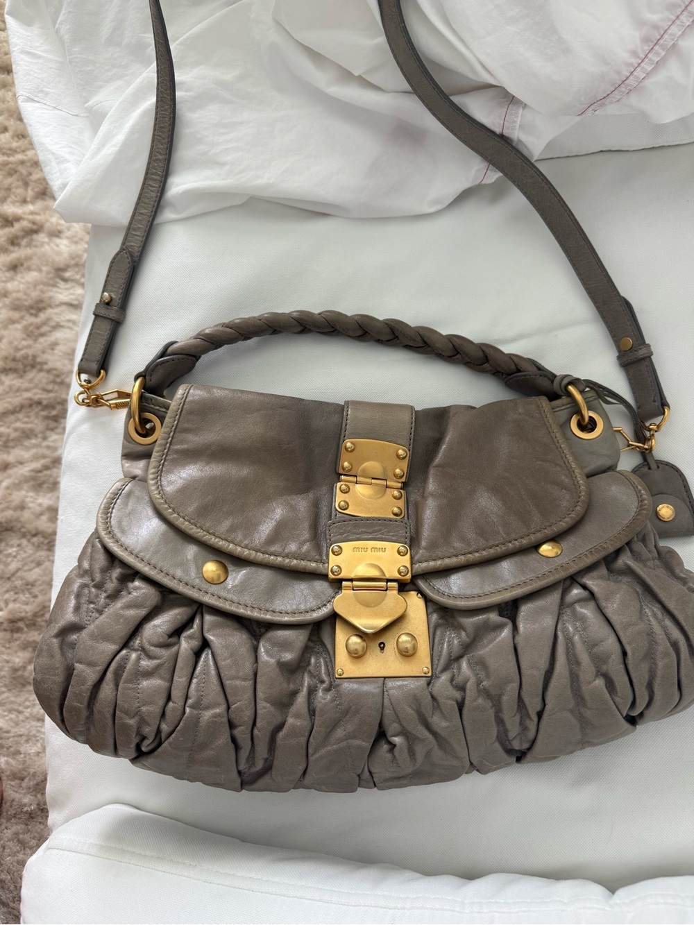 Miu Miu Gray Leather Coffer Shoulder Bag with Gold Hardware